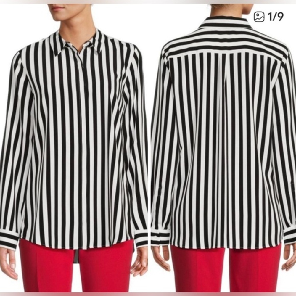Karl Lagerfeld Black and Off-White Striped Long Sleeve Hi-Lo Hem Shirt  Sz Sm